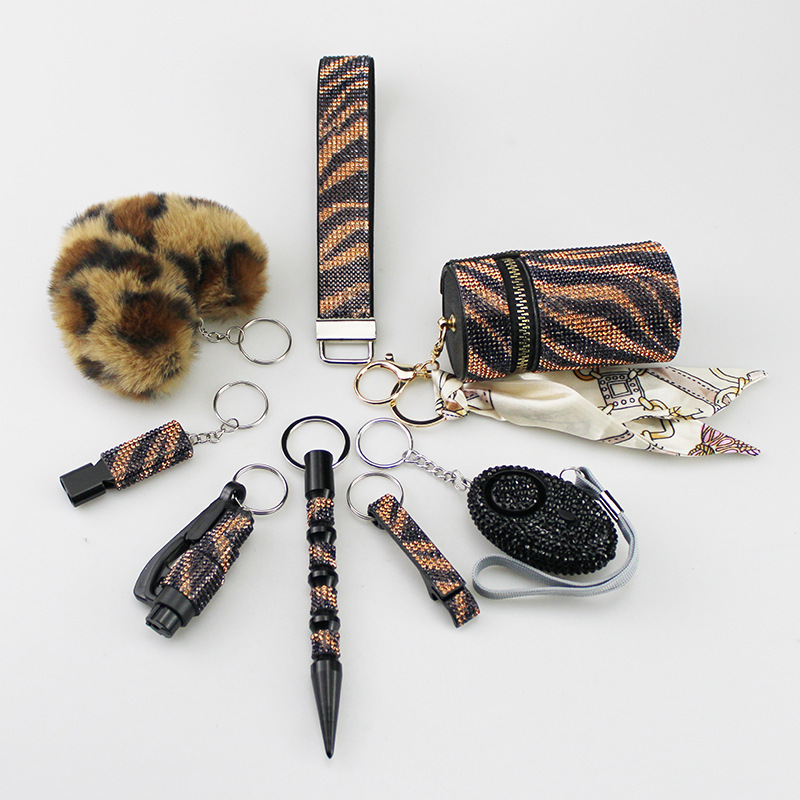 Amazon cross-border hot sale diamond wristband alarm lipstick bag love 8-piece set keychain pendant