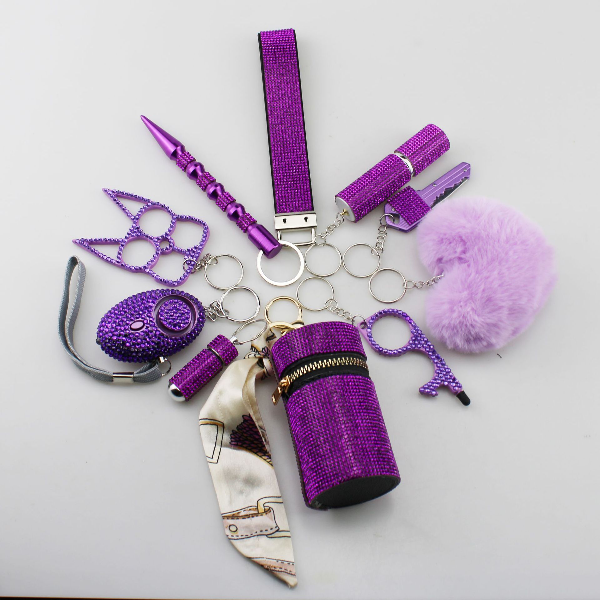 2025 new Amazon cross-border hot-selling diamond-studded self-defense multifunctional key pendant 10-piece set outdoor