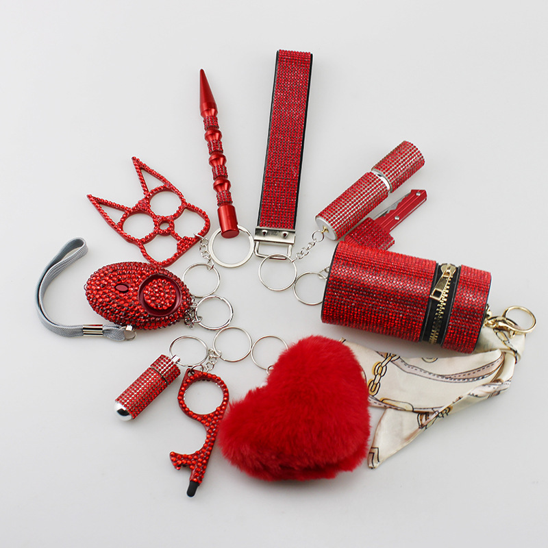 2025 new Amazon cross-border hot-selling diamond-studded self-defense multifunctional key pendant 10-piece set outdoor