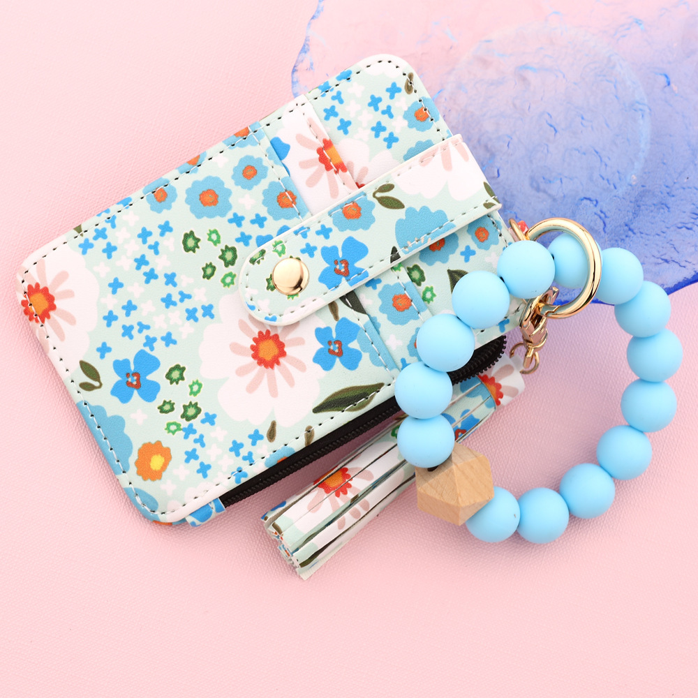 TIKTOK European and American ID bag cross-border silicone bracelet floral folding card holder TK printed leather wallet keychain