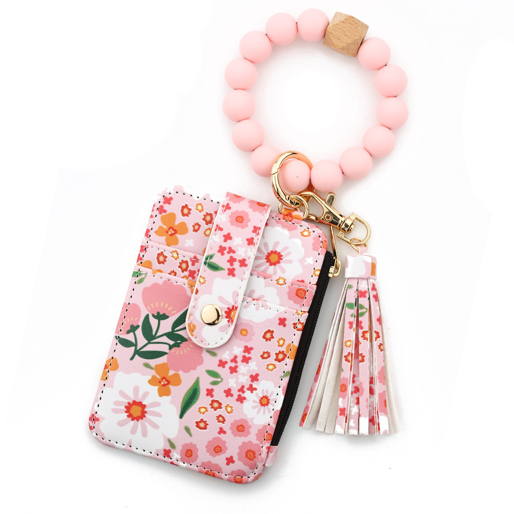 TIKTOK European and American ID bag cross-border silicone bracelet floral folding card holder TK printed leather wallet keychain