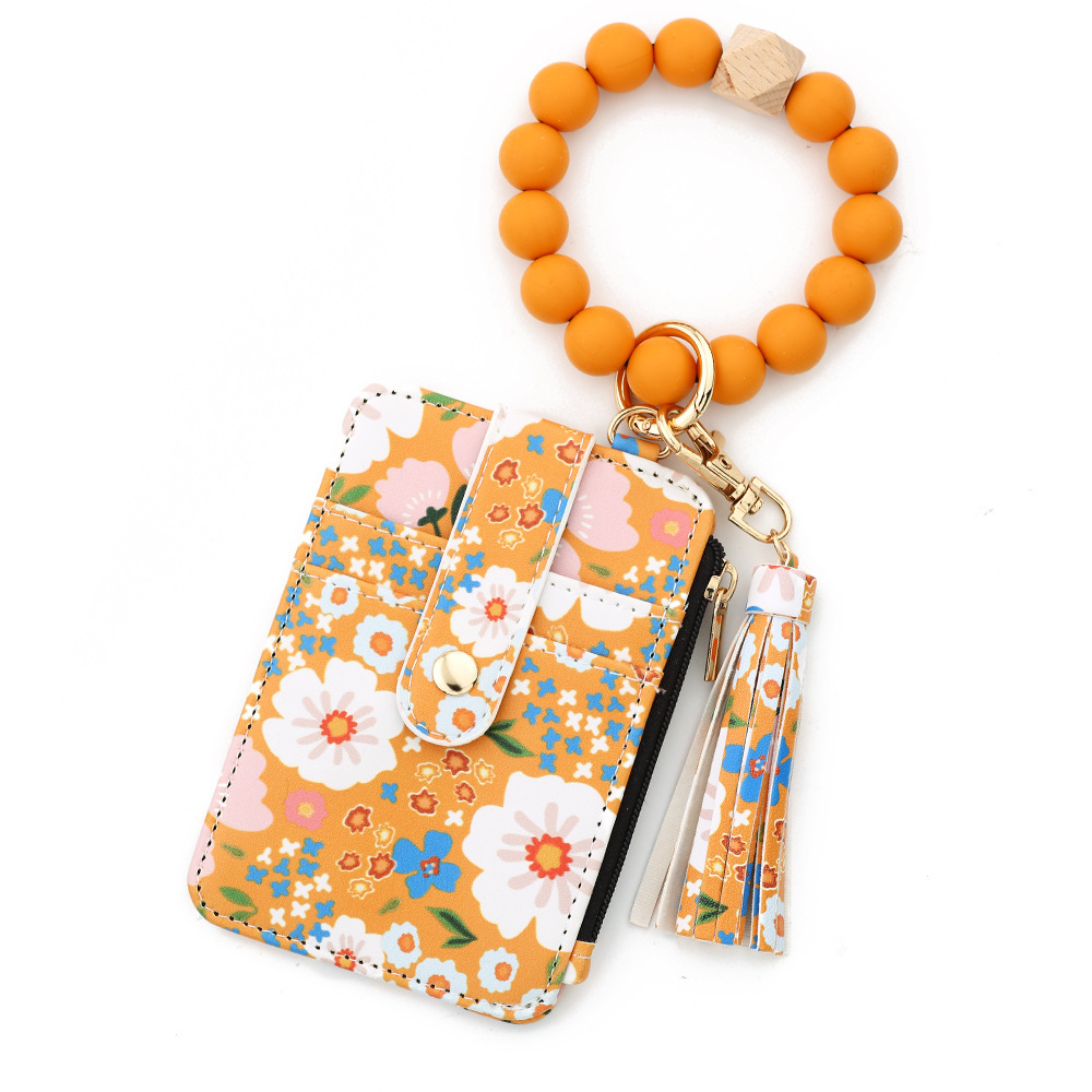 TIKTOK European and American ID bag cross-border silicone bracelet floral folding card holder TK printed leather wallet keychain