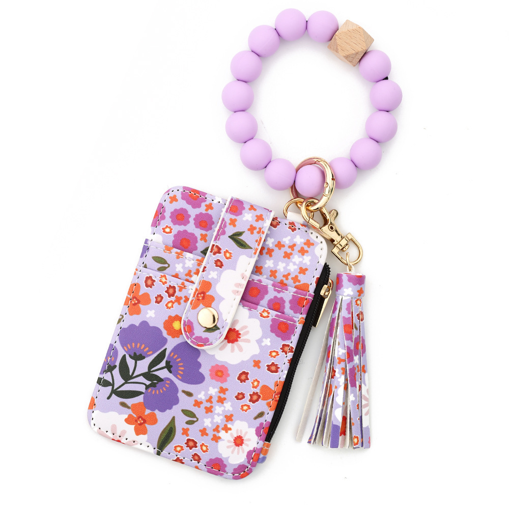 TIKTOK European and American ID bag cross-border silicone bracelet floral folding card holder TK printed leather wallet keychain