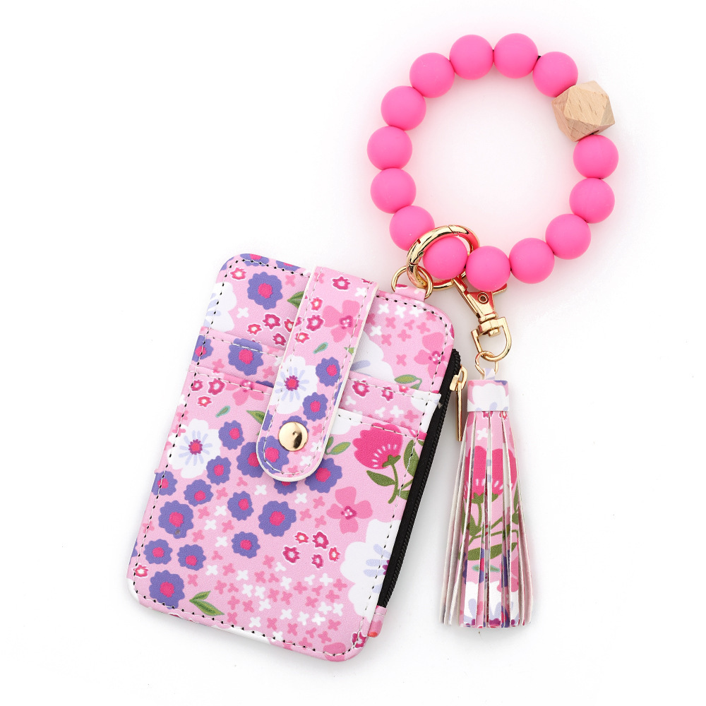 TIKTOK European and American ID bag cross-border silicone bracelet floral folding card holder TK printed leather wallet keychain