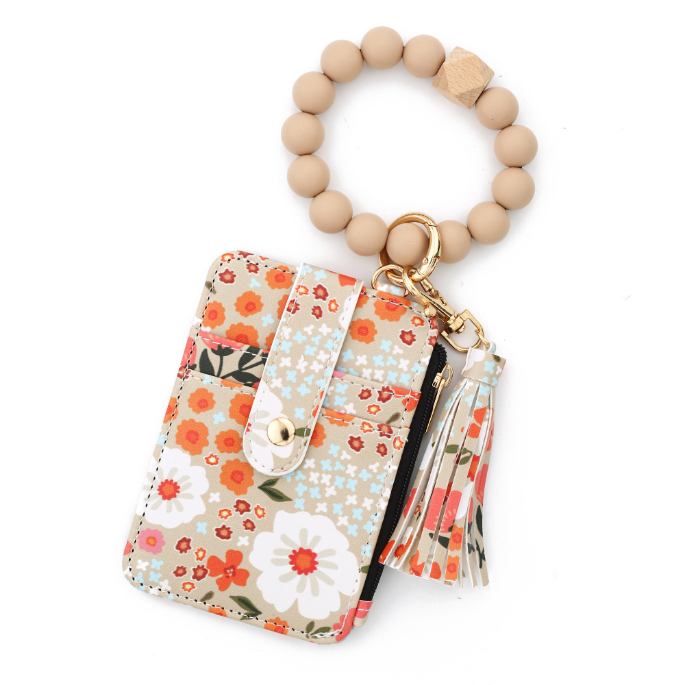 TIKTOK European and American ID bag cross-border silicone bracelet floral folding card holder TK printed leather wallet keychain