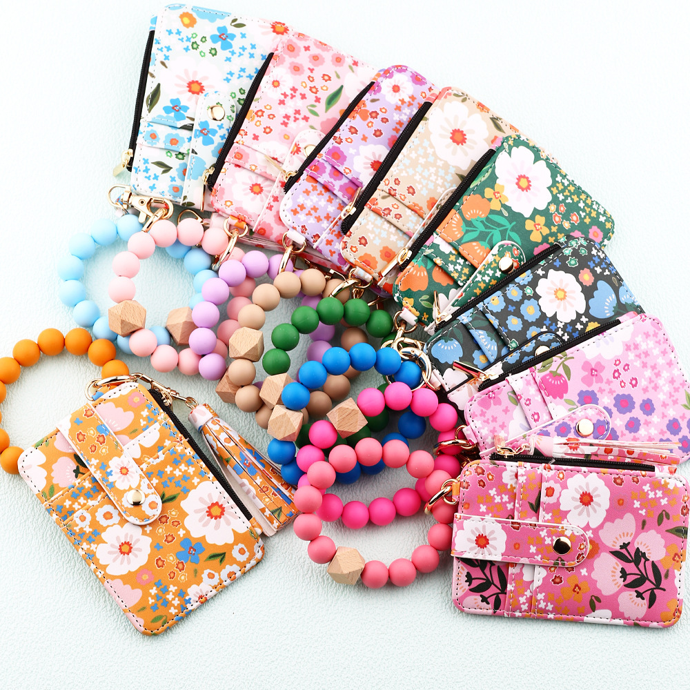 TIKTOK European and American ID bag cross-border silicone bracelet floral folding card holder TK printed leather wallet keychain