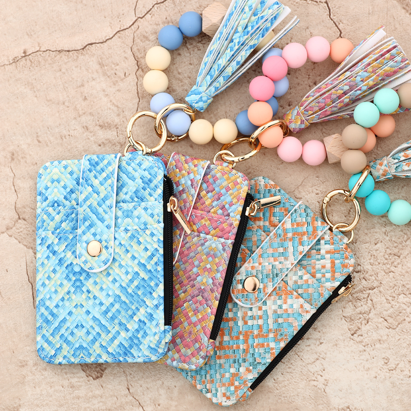 Wholesale woven card holder, silicone wristband keychain.