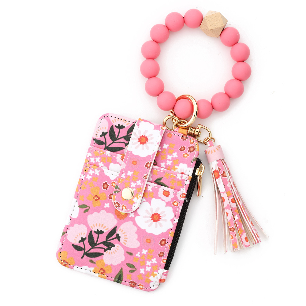 TIKTOK European and American ID bag cross-border silicone bracelet floral folding card holder TK printed leather wallet keychain