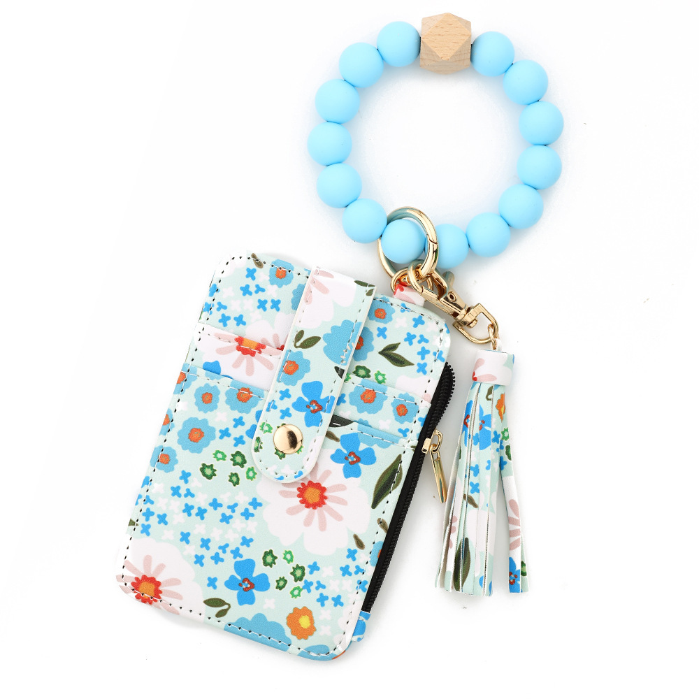 TIKTOK European and American ID bag cross-border silicone bracelet floral folding card holder TK printed leather wallet keychain