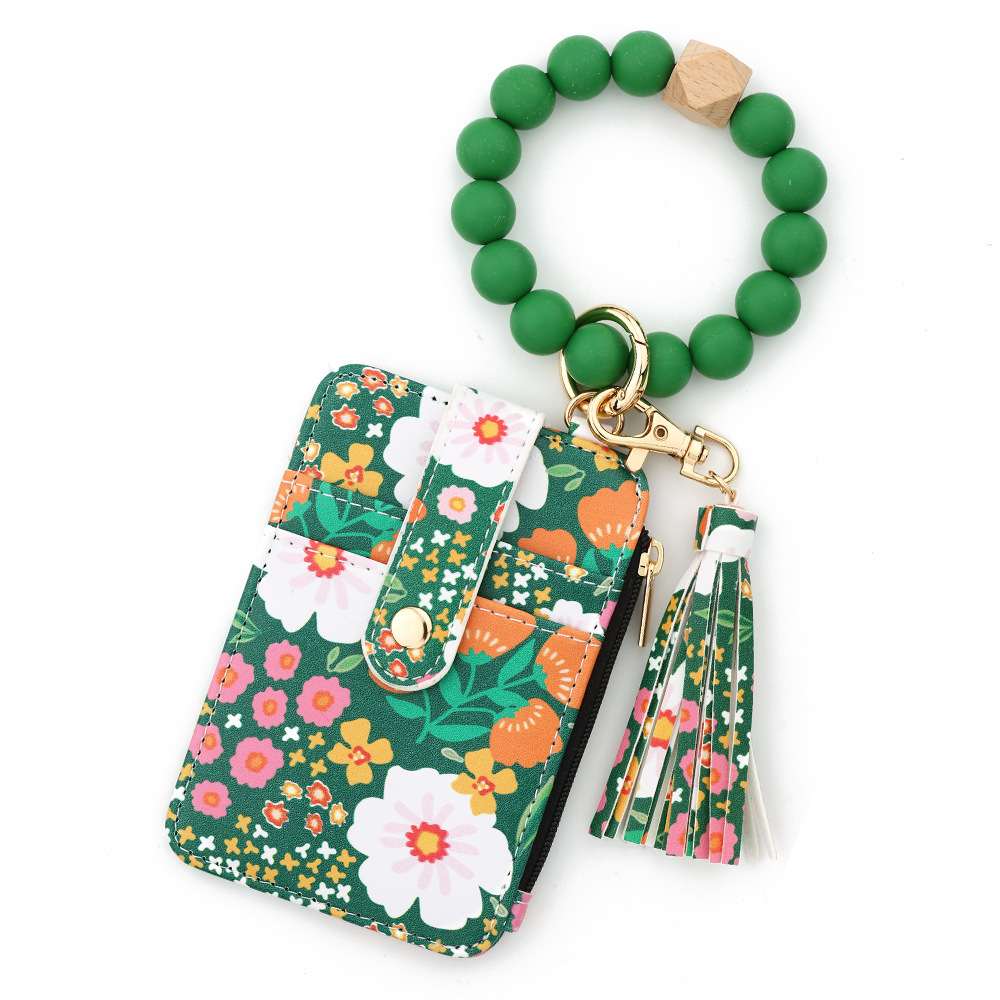 TIKTOK European and American ID bag cross-border silicone bracelet floral folding card holder TK printed leather wallet keychain