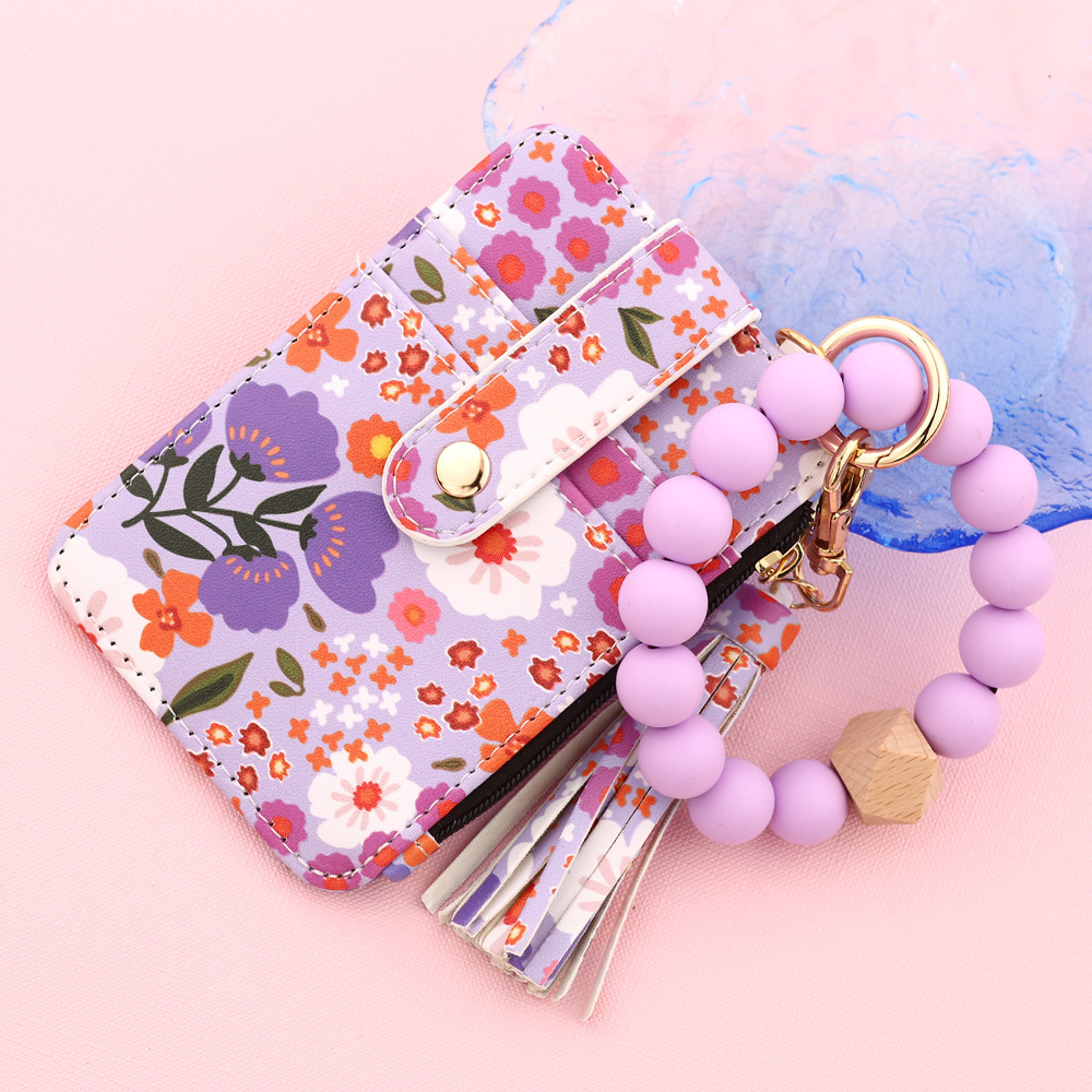 TIKTOK European and American ID bag cross-border silicone bracelet floral folding card holder TK printed leather wallet keychain