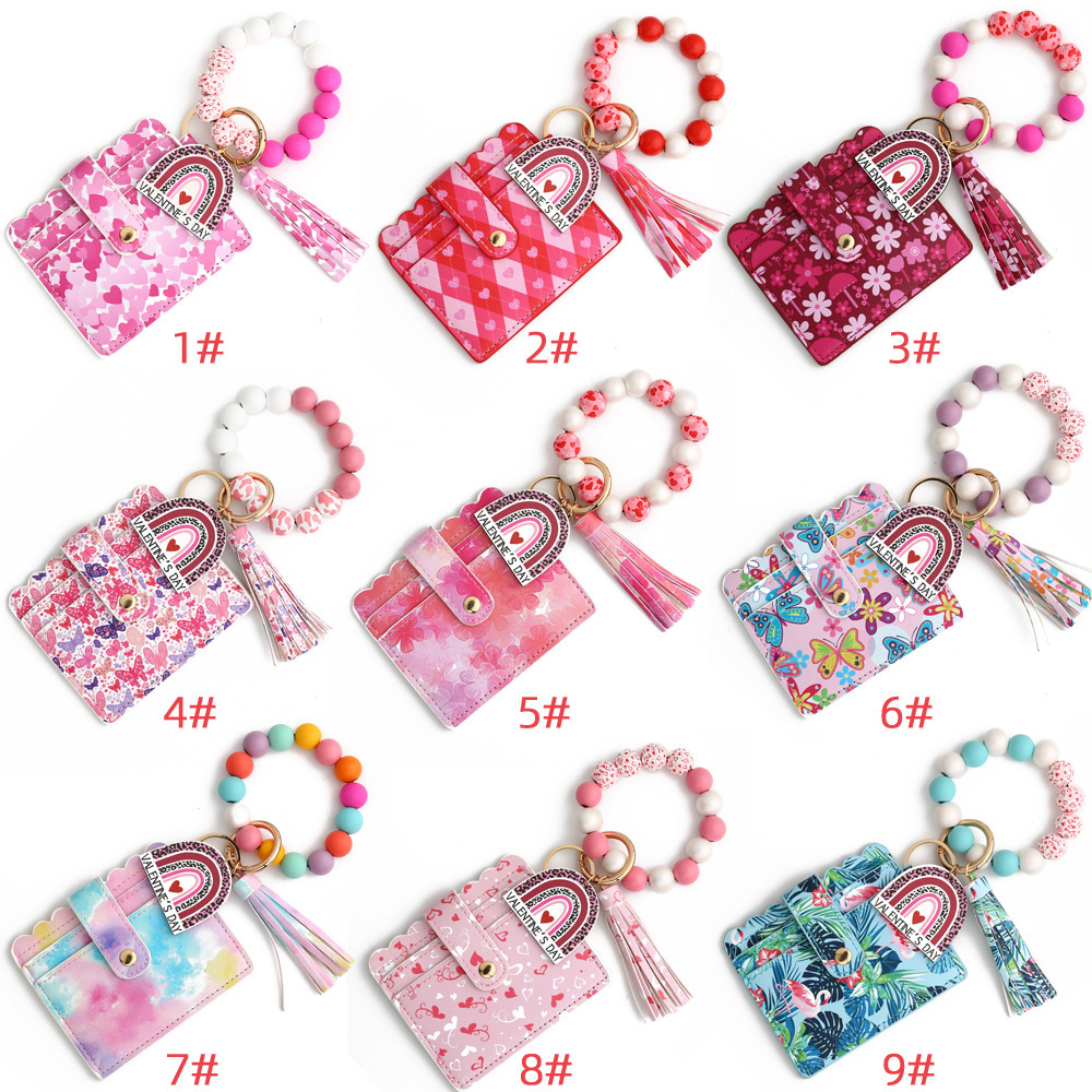 Wholesale Valentine's Day love PU card holder, wooden bead wristband keychain.