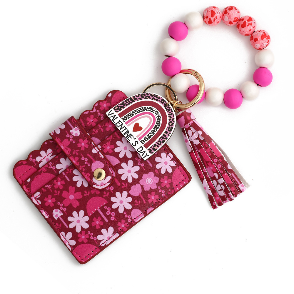 Wholesale Valentine's Day love PU card holder, wooden bead wristband keychain.