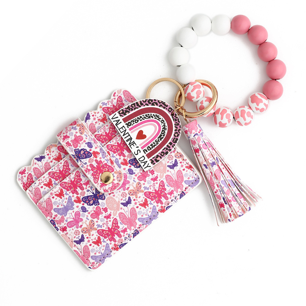 Wholesale Valentine's Day love PU card holder, wooden bead wristband keychain.