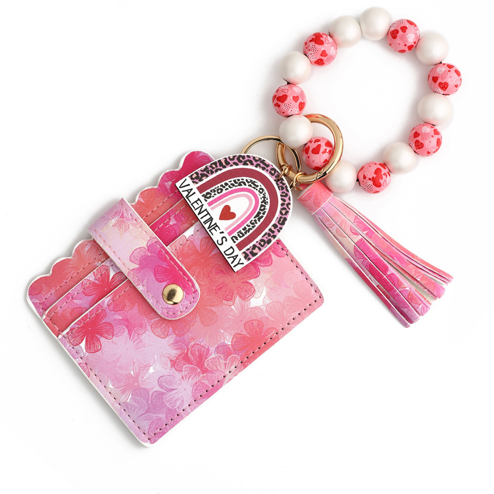 Wholesale Valentine's Day love PU card holder, wooden bead wristband keychain.