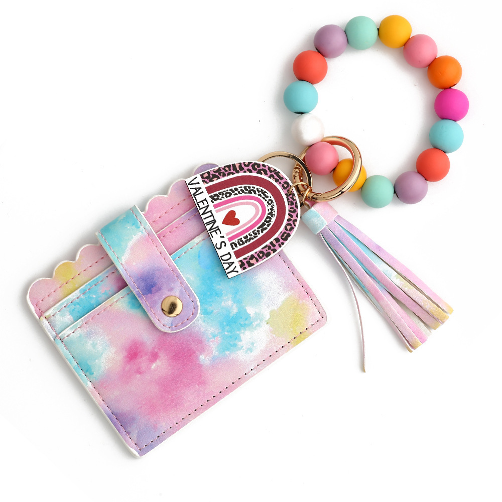 Wholesale Valentine's Day love PU card holder, wooden bead wristband keychain.