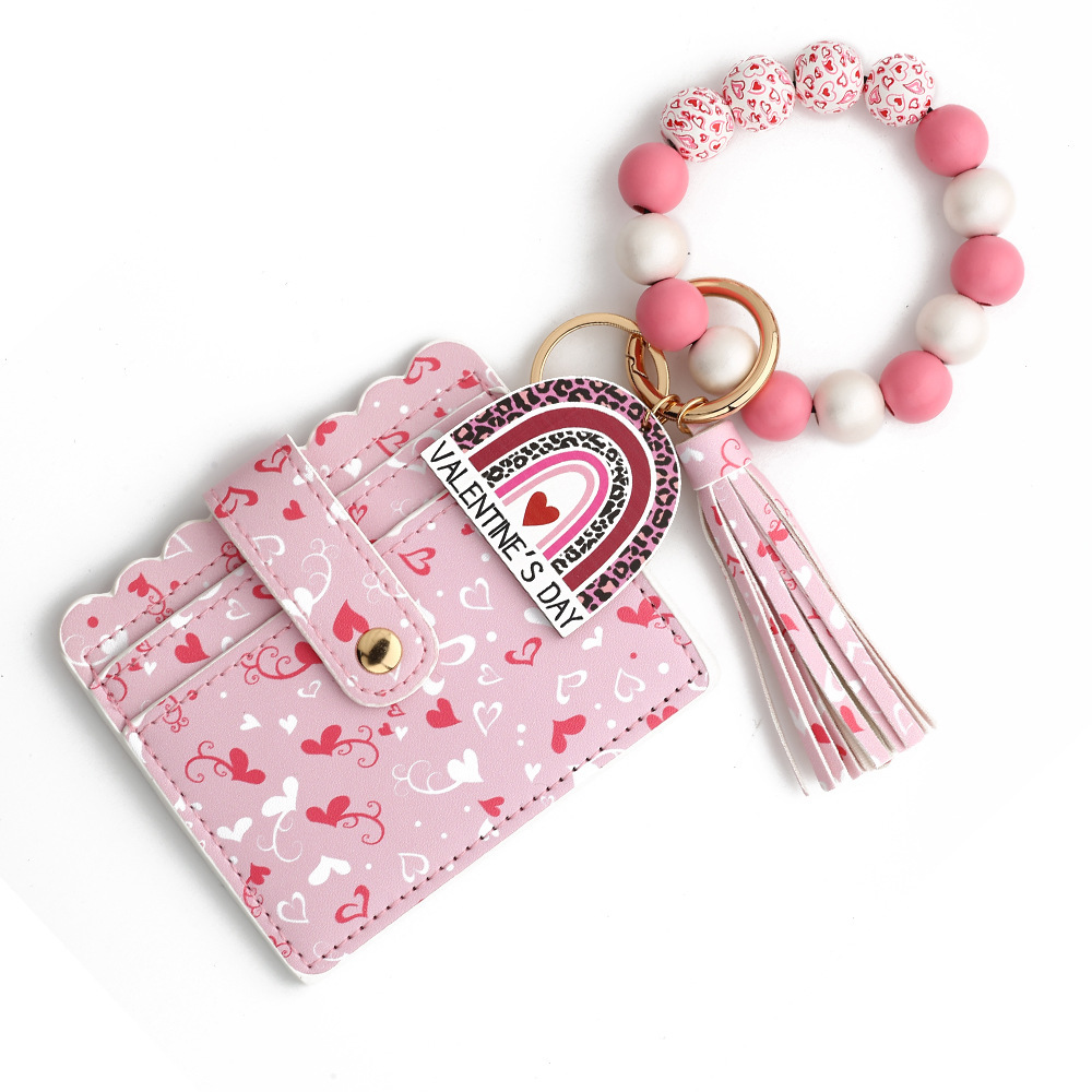 Wholesale Valentine's Day love PU card holder, wooden bead wristband keychain.