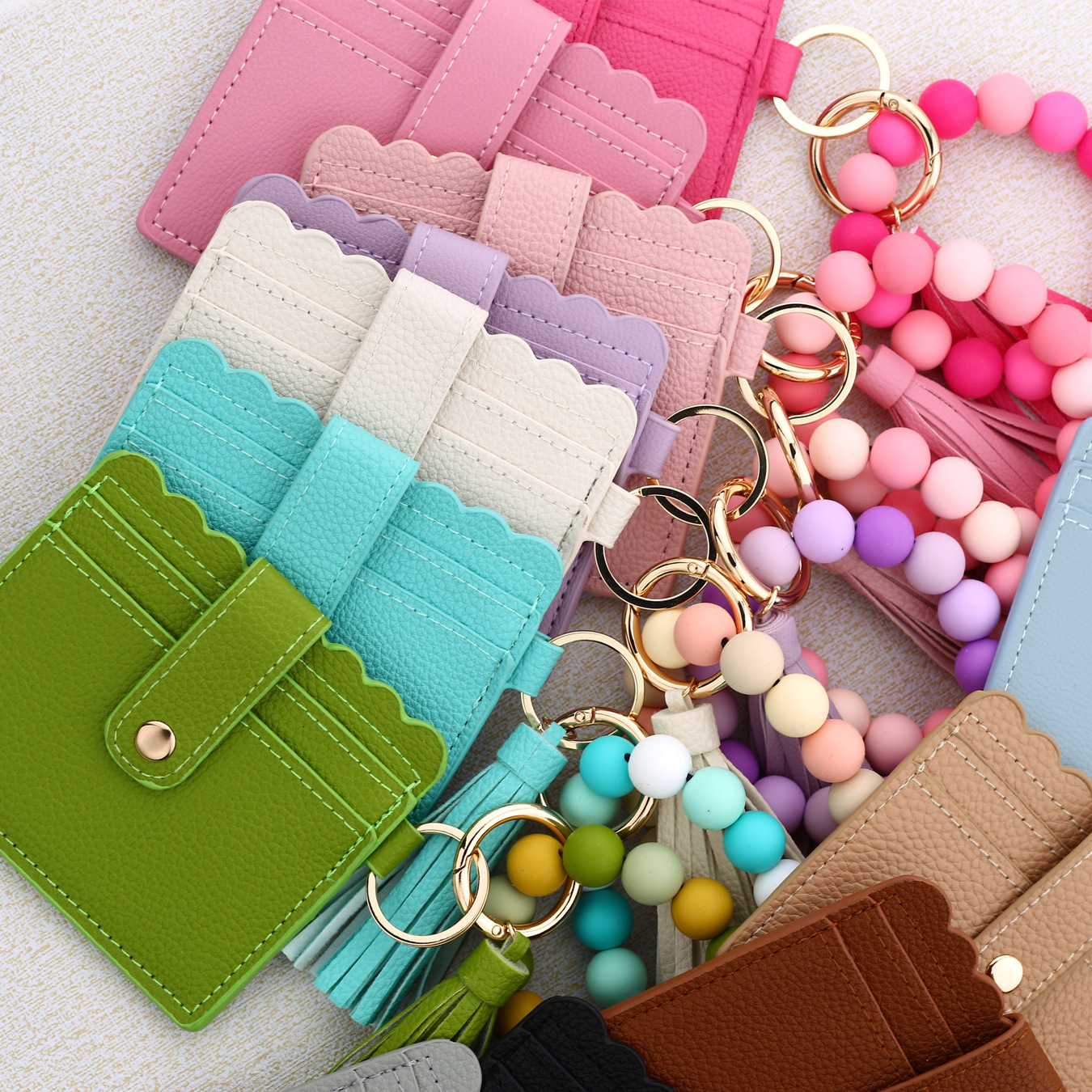 Wholesale solid color wallet, silicone beads wrist strap keychain.