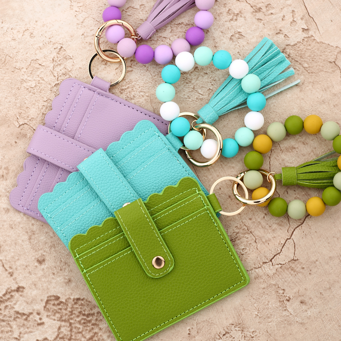 Wholesale solid color wallet, silicone beads wrist strap keychain.