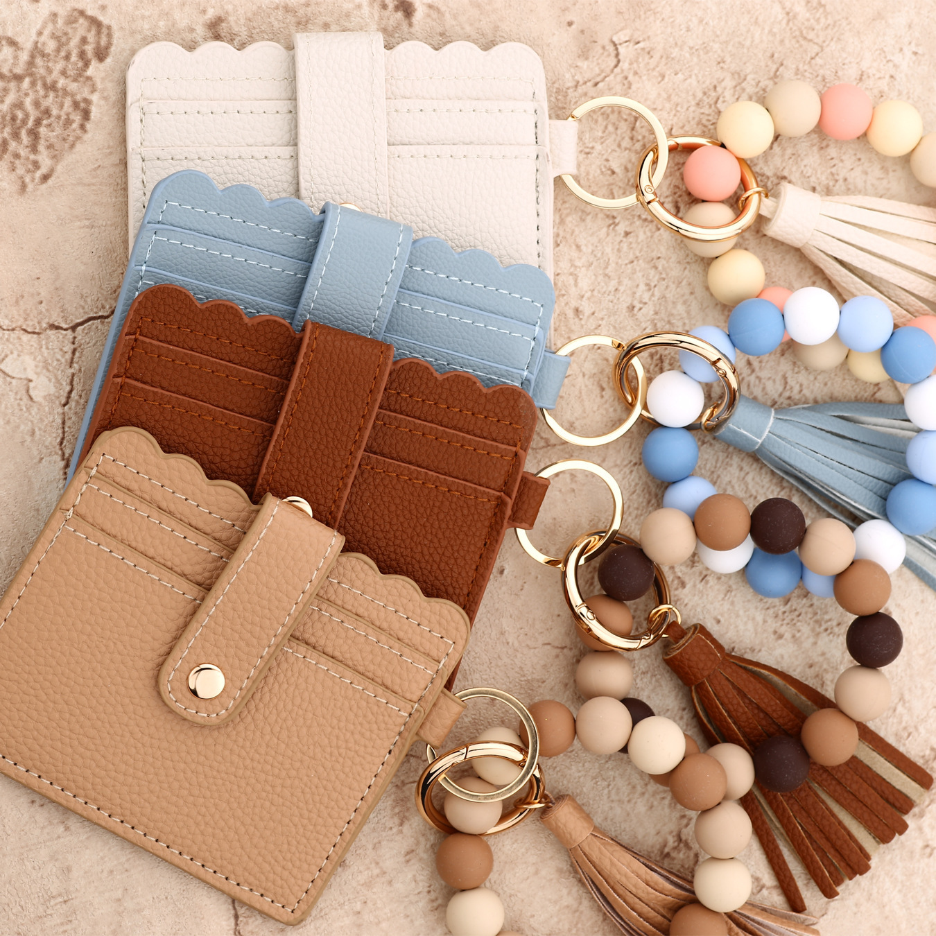 Wholesale solid color wallet, silicone beads wrist strap keychain.