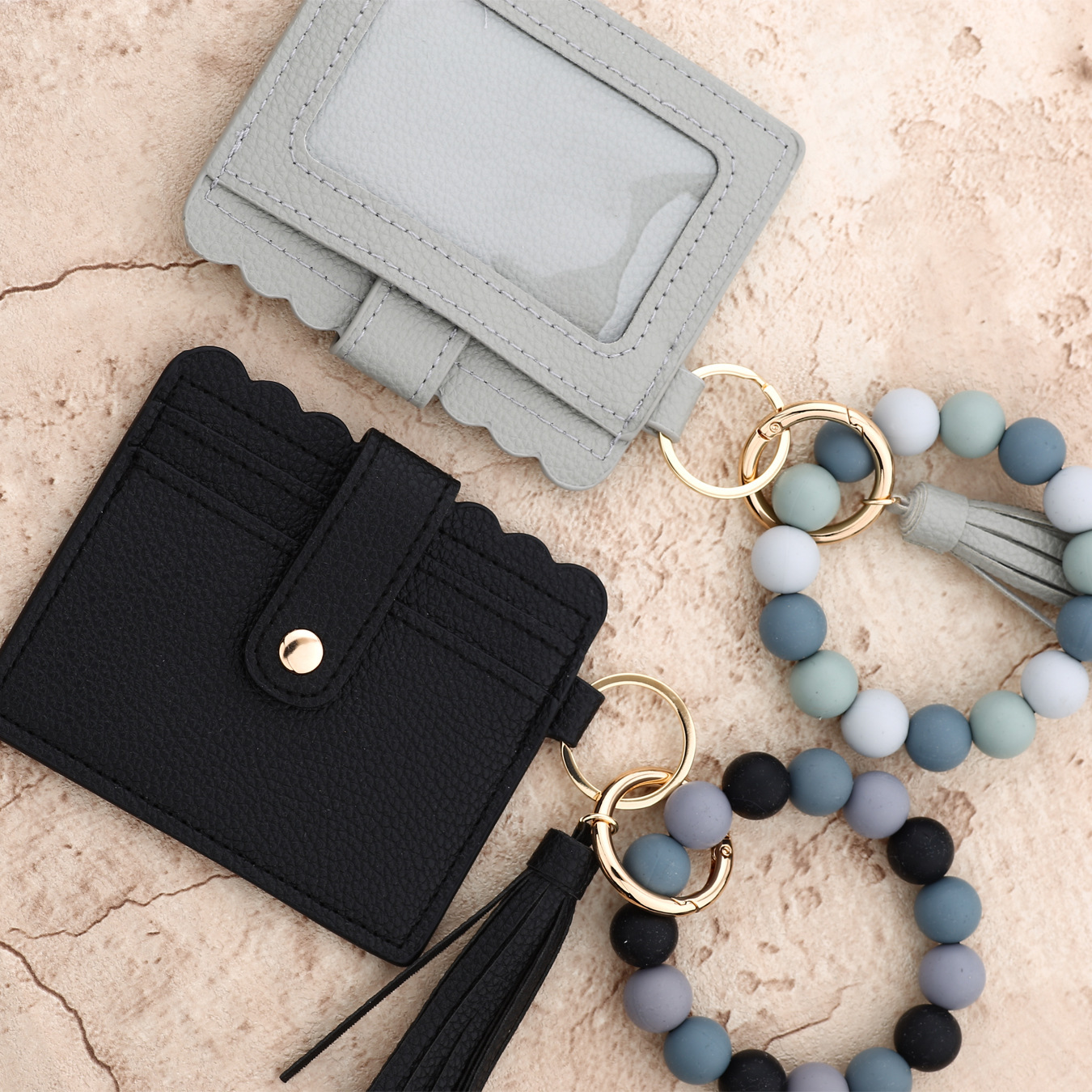 Wholesale solid color wallet, silicone beads wrist strap keychain.