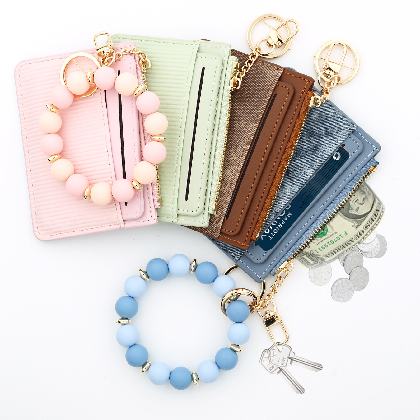 2025 Cross-border Spot Simple Fashion Small Wallet Leather Card Holder Women's Wallet Silicone Bead Bracelet Keychain