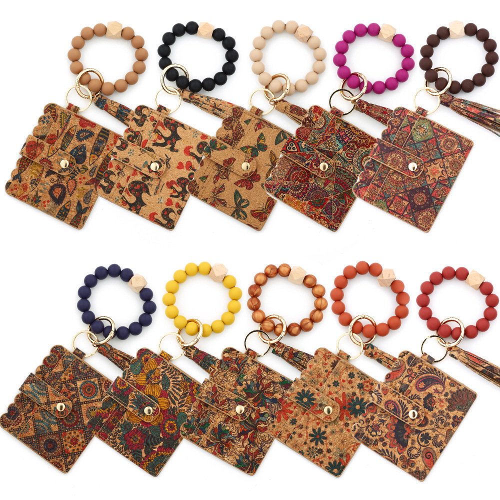 Cross-border supply cork card holder ladies small wallet silicone bead bracelet keychain European and American printed card holder