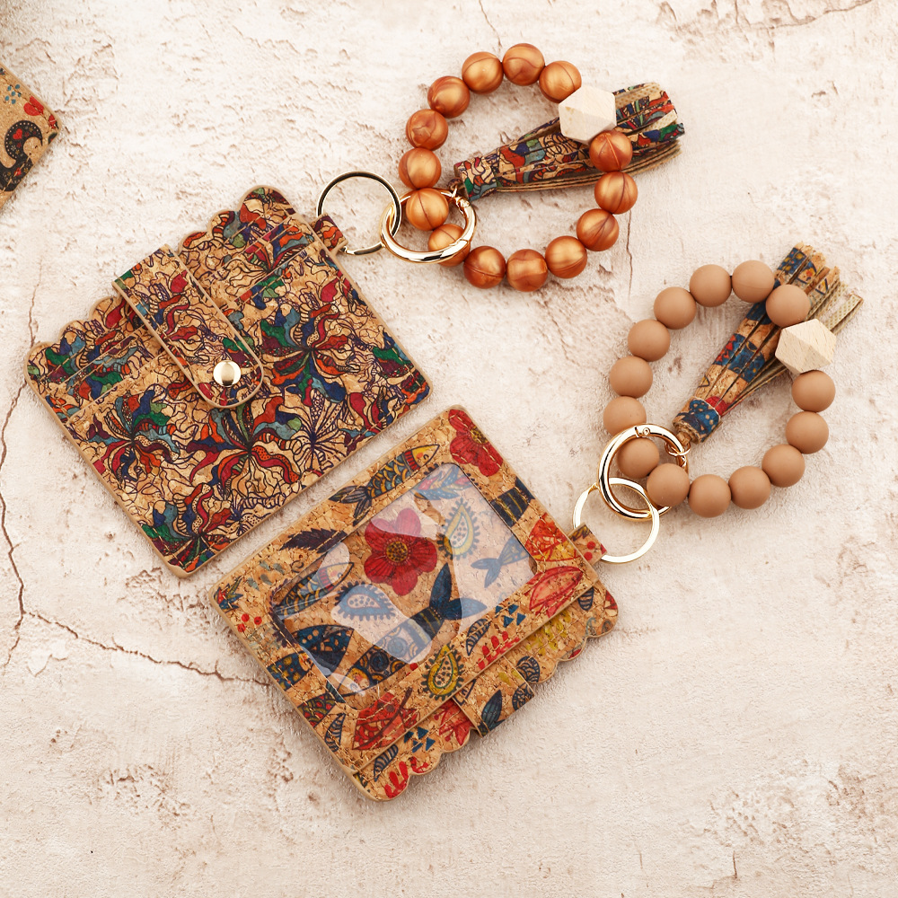 Cross-border supply cork card holder ladies small wallet silicone bead bracelet keychain European and American printed card holder