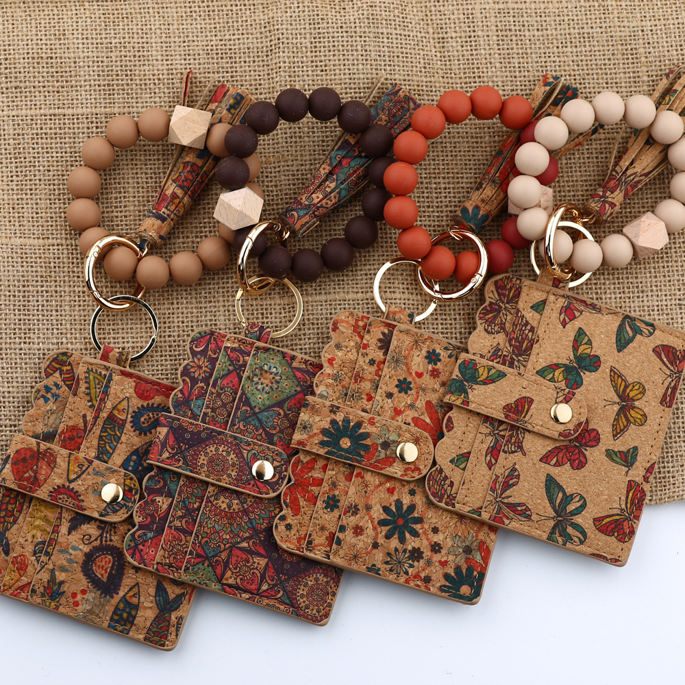 Cross-border supply cork card holder ladies small wallet silicone bead bracelet keychain European and American printed card holder