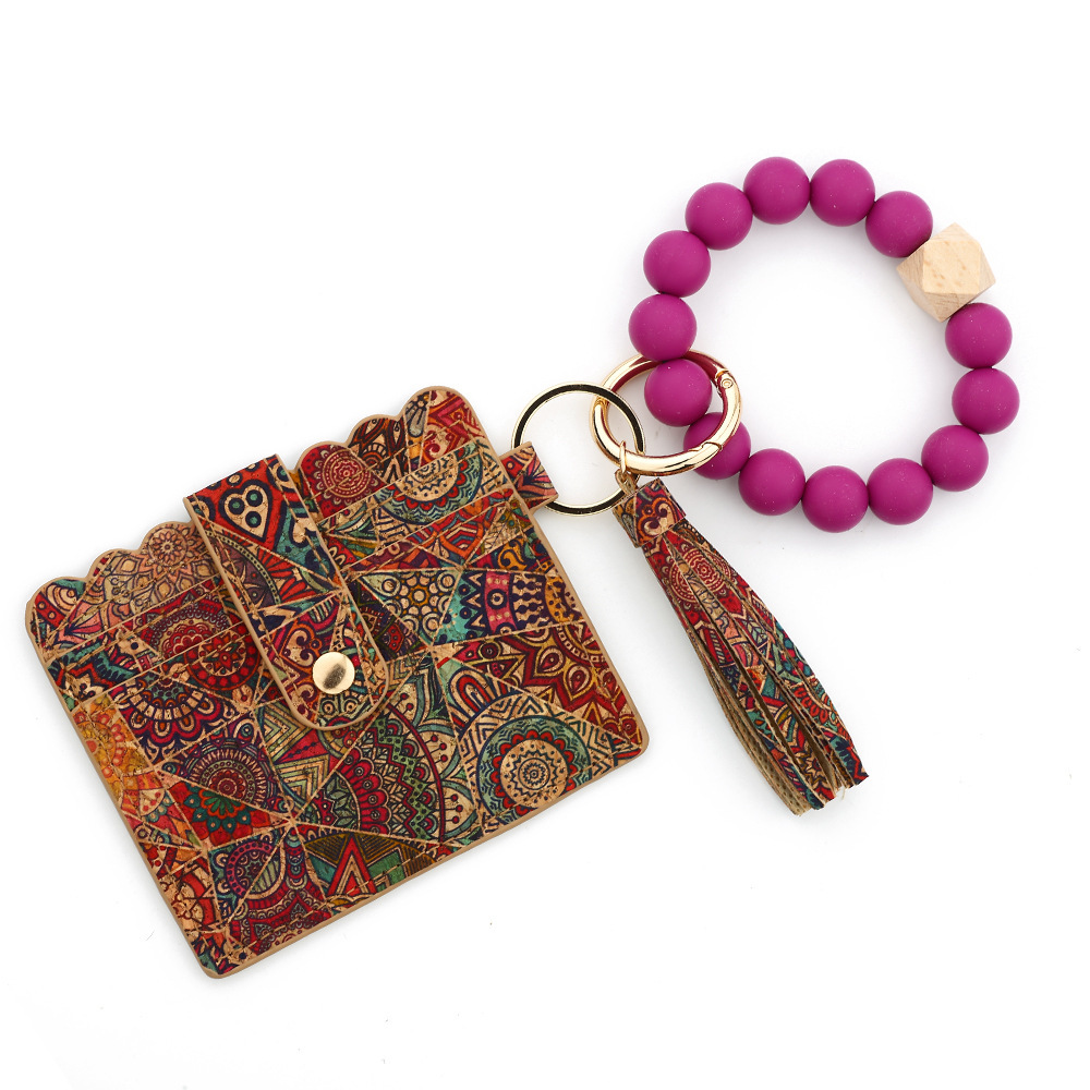 Cross-border supply cork card holder ladies small wallet silicone bead bracelet keychain European and American printed card holder
