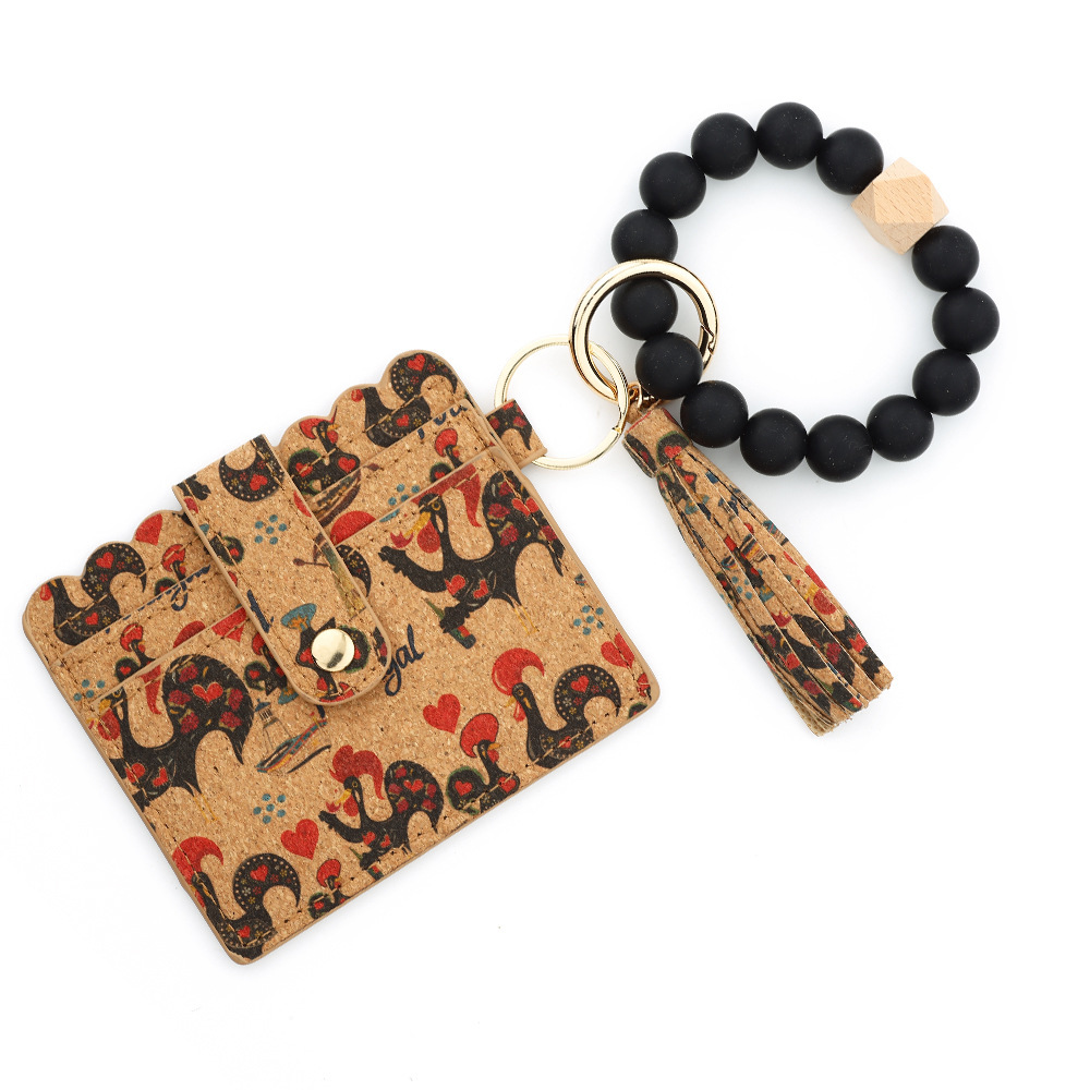 Cross-border supply cork card holder ladies small wallet silicone bead bracelet keychain European and American printed card holder