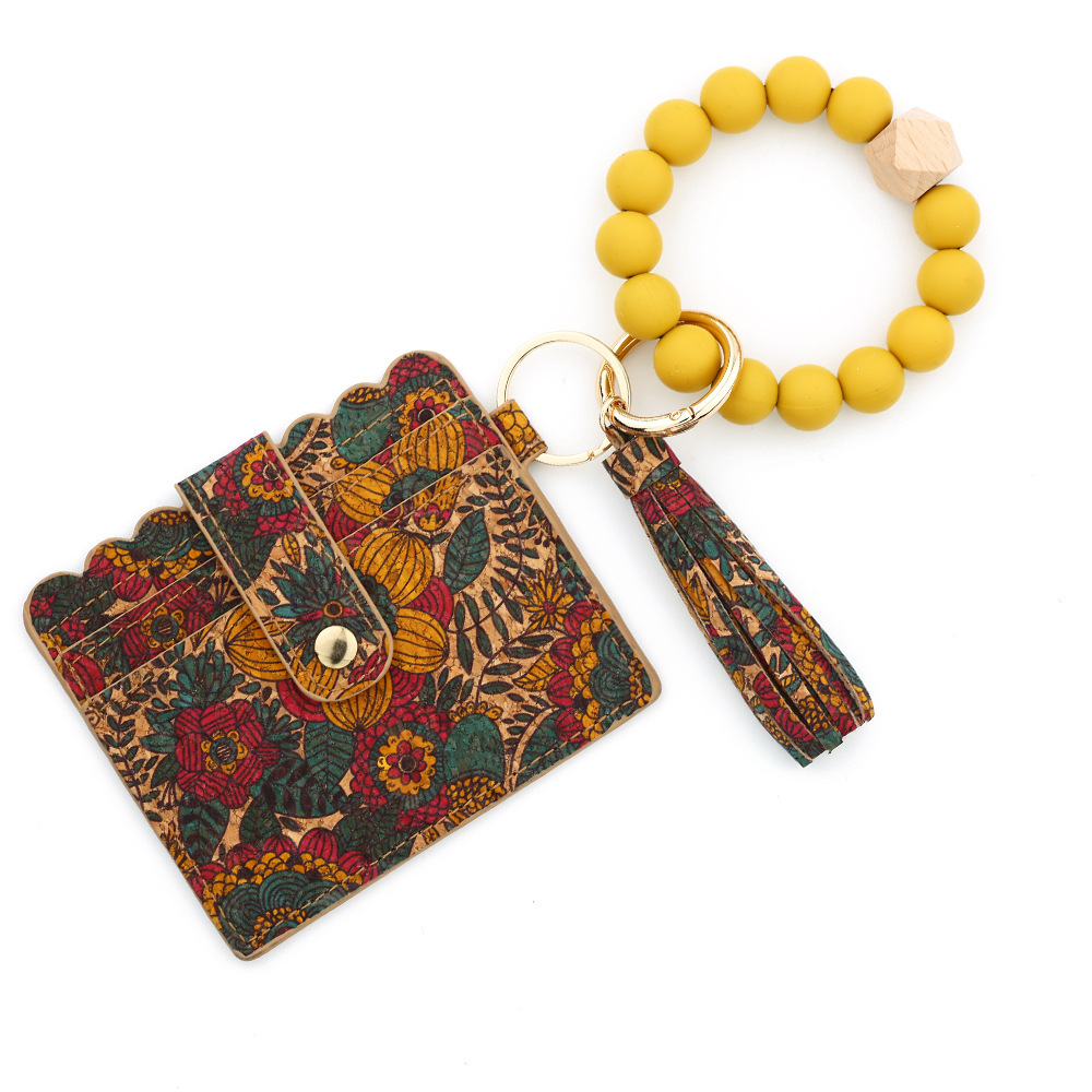 Cross-border supply cork card holder ladies small wallet silicone bead bracelet keychain European and American printed card holder