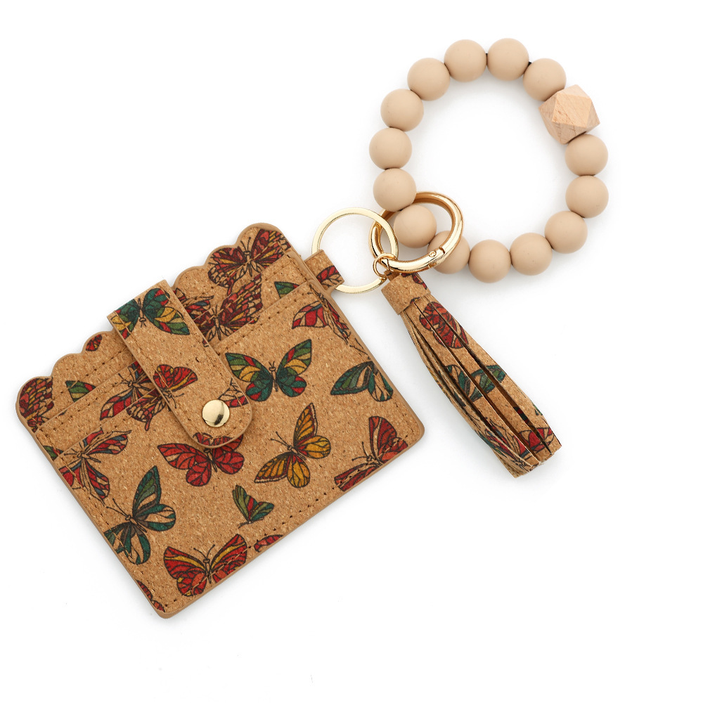 Cross-border supply cork card holder ladies small wallet silicone bead bracelet keychain European and American printed card holder