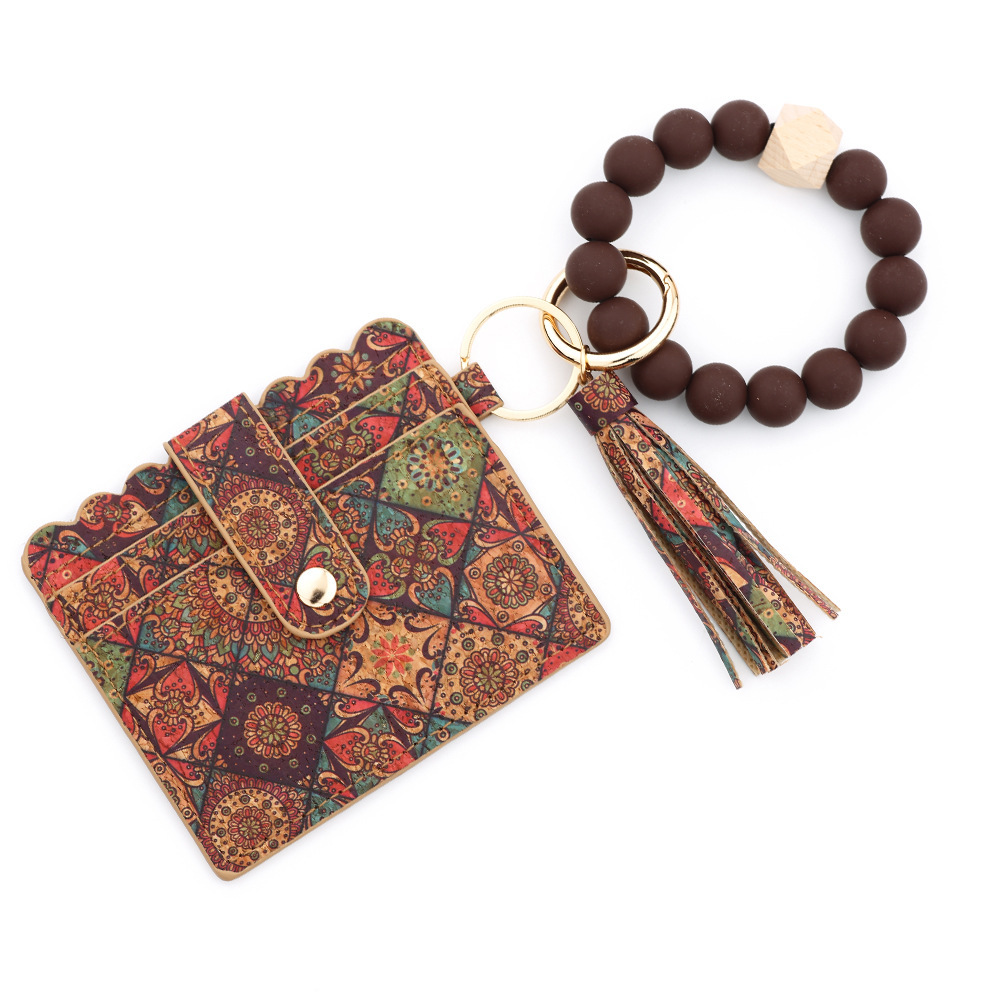 Cross-border supply cork card holder ladies small wallet silicone bead bracelet keychain European and American printed card holder