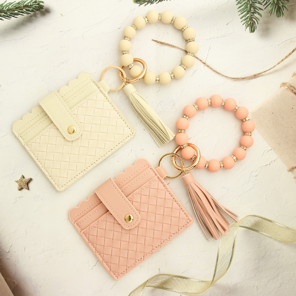 2024 Spot European and American ID Bag Cross-border Silicone Bracelet Braided Grid Stripe Card Holder Leather Wallet Keychain
