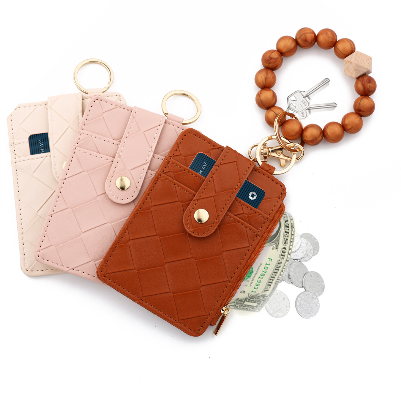 Wholesale woven texture wallet, silicone wristband keychain.