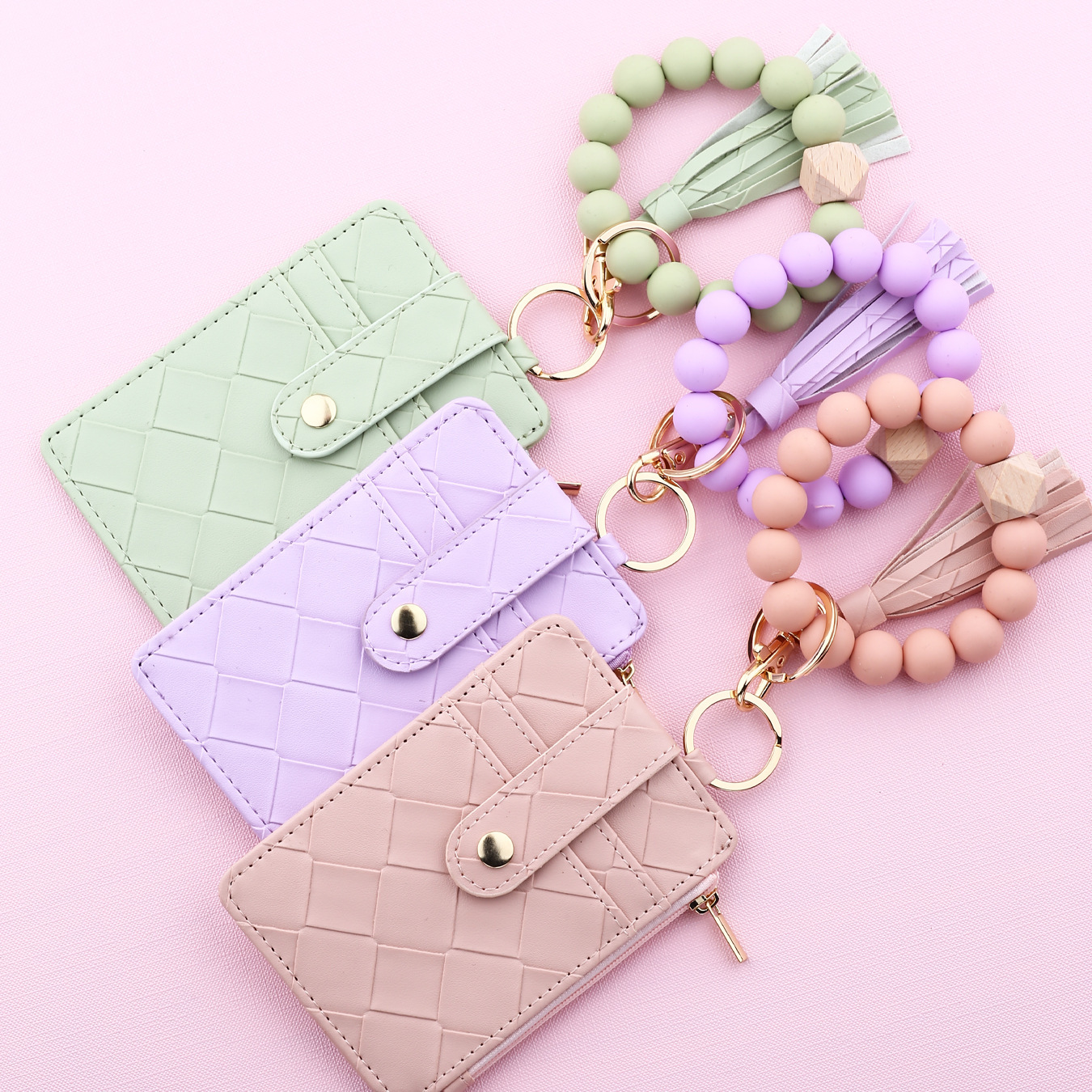 Wholesale woven texture wallet, silicone wristband keychain.