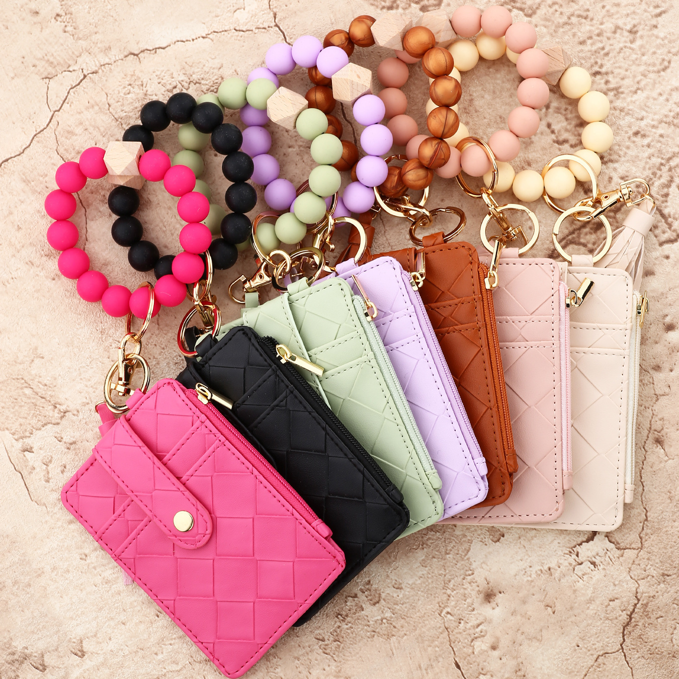 Wholesale woven texture wallet, silicone wristband keychain.