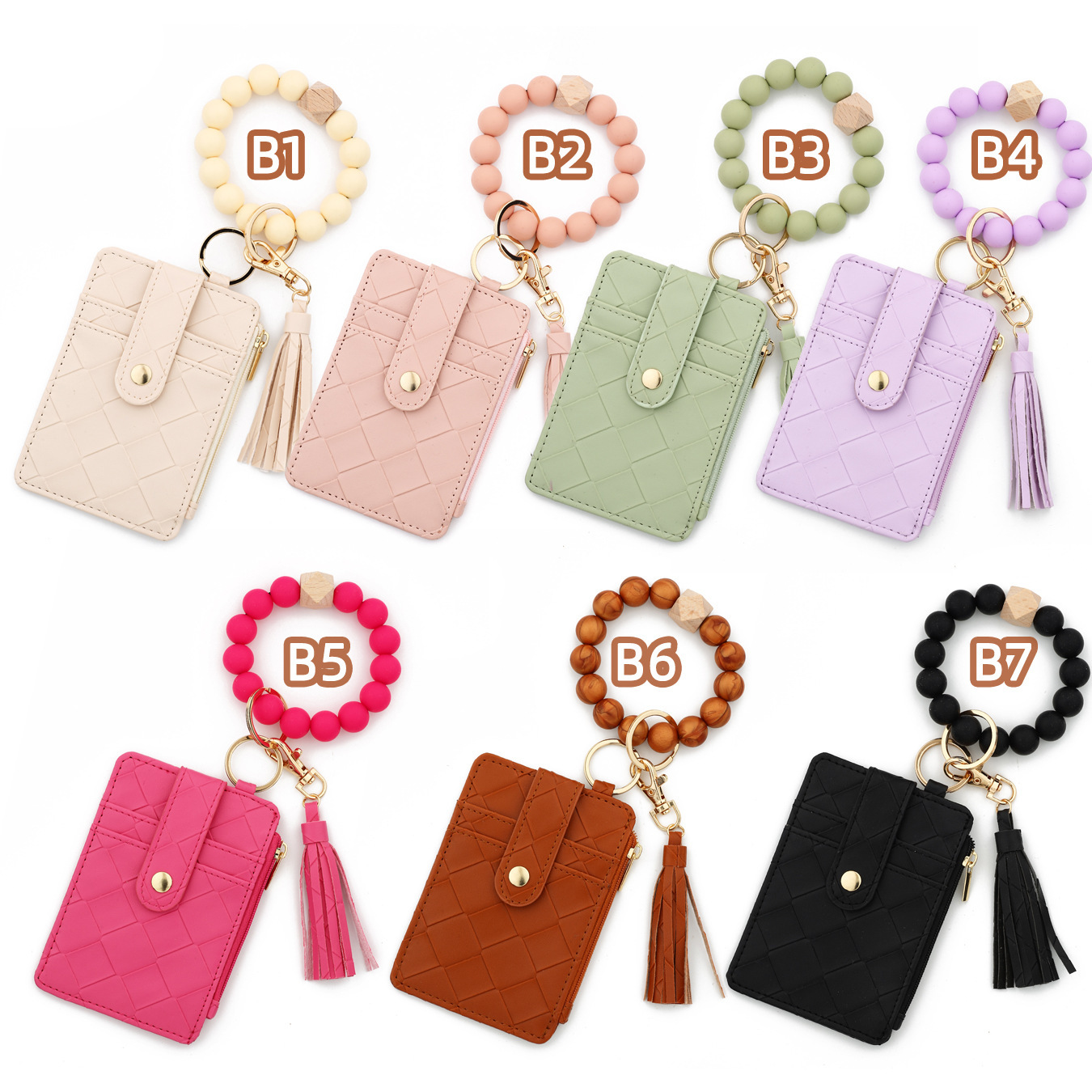 Wholesale woven texture wallet, silicone wristband keychain.