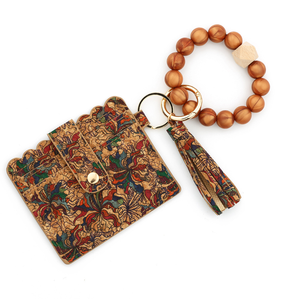 Cross-border supply cork card holder ladies small wallet silicone bead bracelet keychain European and American printed card holder