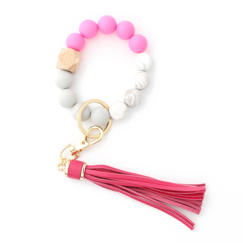 Food grade silicone bead bracelet Amazon new wooden bead wrist keychain pendant anti-lost bracelet key ring