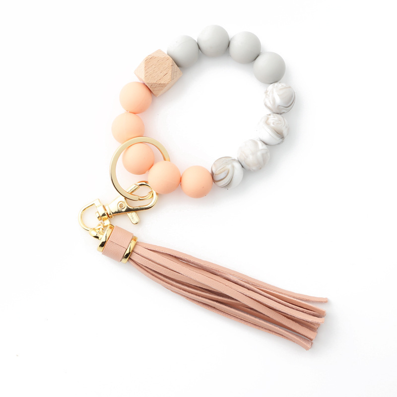 Food grade silicone bead bracelet Amazon new wooden bead wrist keychain pendant anti-lost bracelet key ring