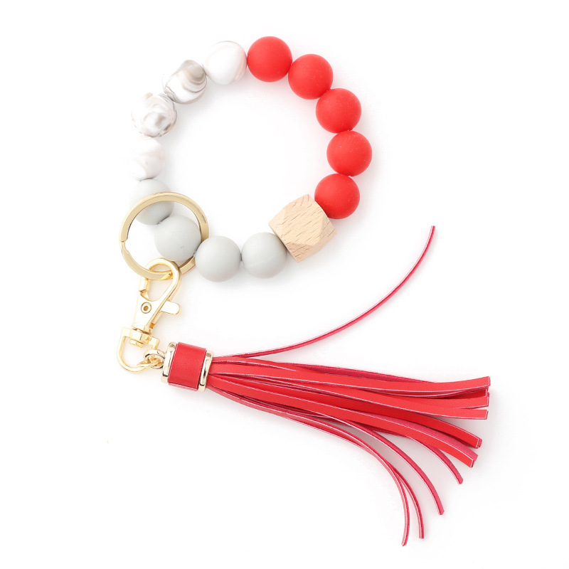 Food grade silicone bead bracelet Amazon new wooden bead wrist keychain pendant anti-lost bracelet key ring