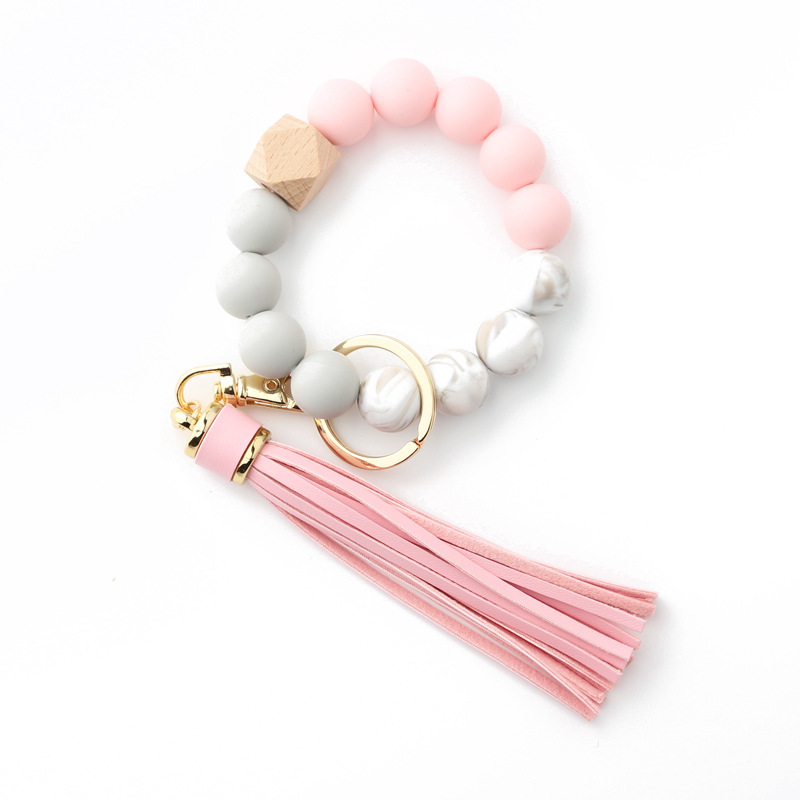 Food grade silicone bead bracelet Amazon new wooden bead wrist keychain pendant anti-lost bracelet key ring