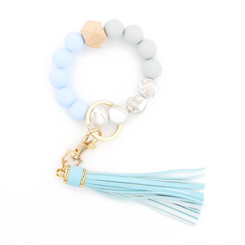 Food grade silicone bead bracelet Amazon new wooden bead wrist keychain pendant anti-lost bracelet key ring
