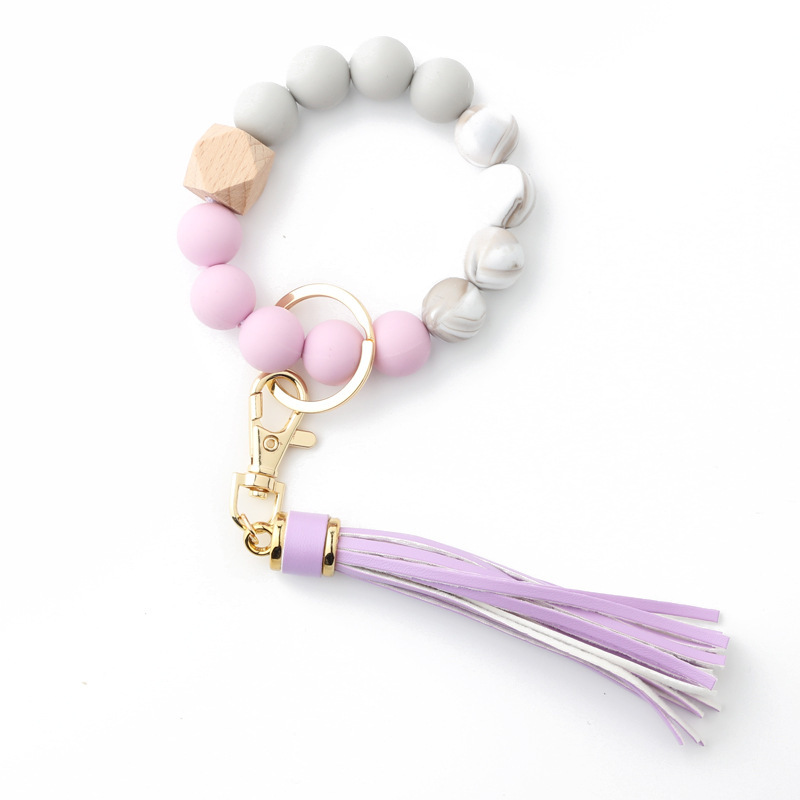 Food grade silicone bead bracelet Amazon new wooden bead wrist keychain pendant anti-lost bracelet key ring