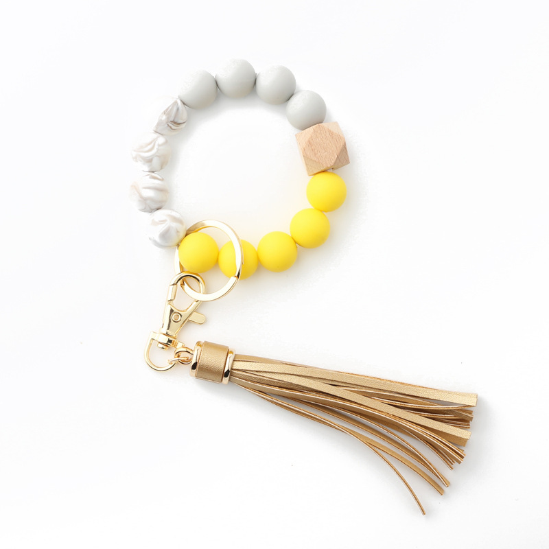 Food grade silicone bead bracelet Amazon new wooden bead wrist keychain pendant anti-lost bracelet key ring
