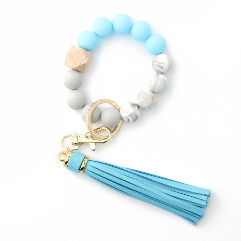 Food grade silicone bead bracelet Amazon new wooden bead wrist keychain pendant anti-lost bracelet key ring