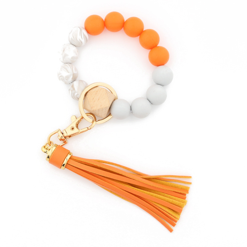 Food grade silicone bead bracelet Amazon new wooden bead wrist keychain pendant anti-lost bracelet key ring