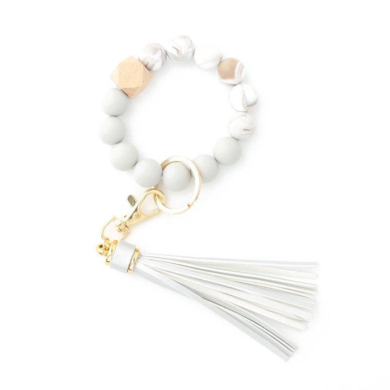 Food grade silicone bead bracelet Amazon new wooden bead wrist keychain pendant anti-lost bracelet key ring
